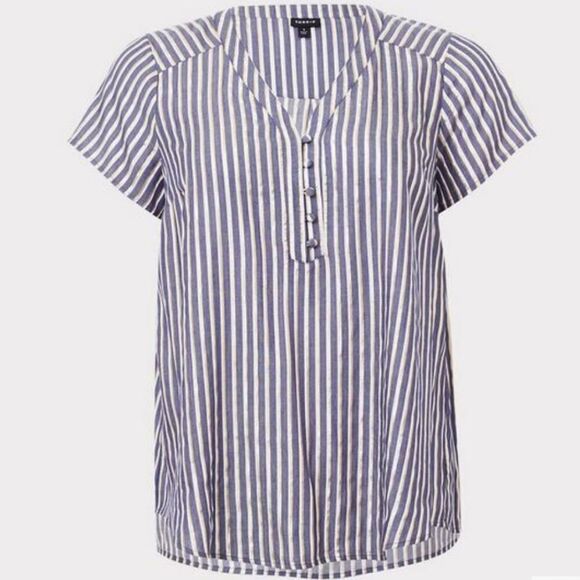 🔺️Torrid Blue, White, Metallic Gold Luxe Striped Buttoned Vneck Blouse 3X - Picture 2 of 14
